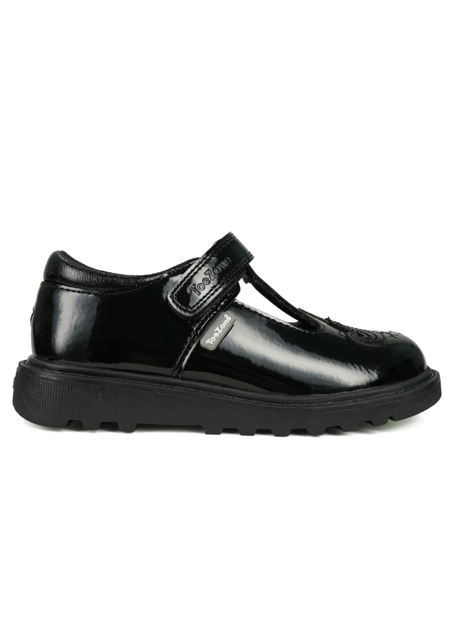 ToeZone Black Ellie Patent Coated Leather Rip Tape Unicorn School Shoe (Younger 8- Older 3)