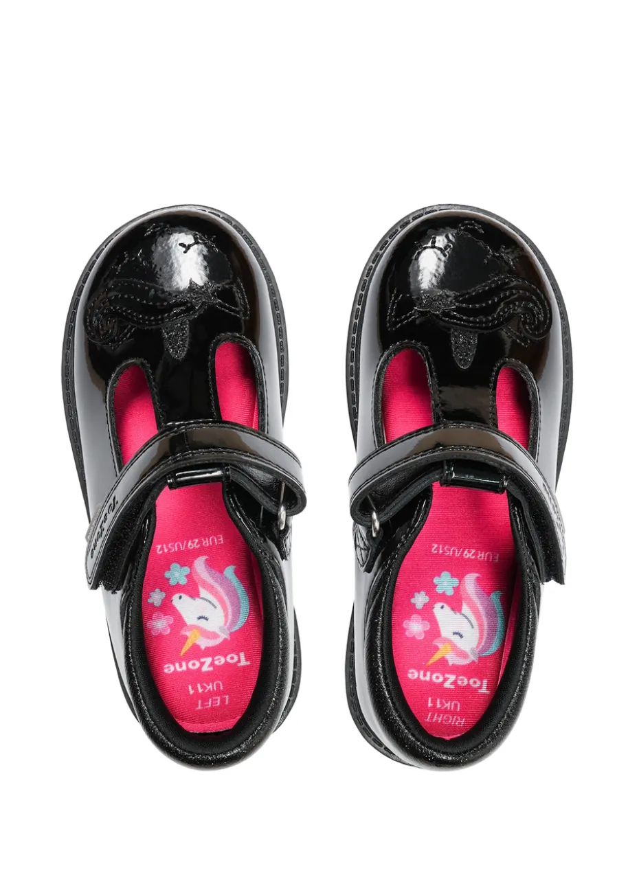 ToeZone Black Ellie Patent Coated Leather Rip Tape Unicorn School Shoe (Younger 8- Older 3)