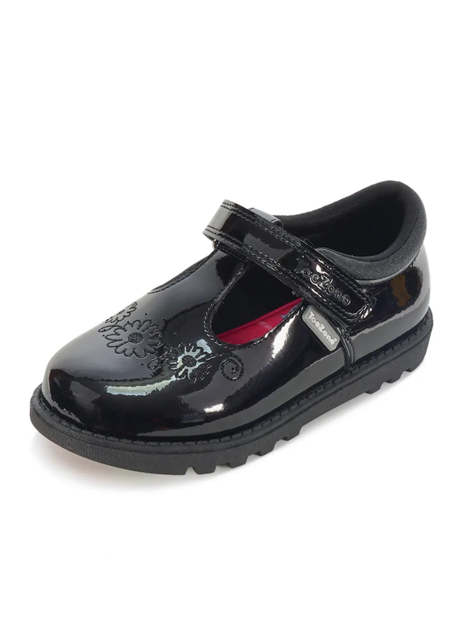 ToeZone Ellie Girls Patent Coated Leather Rip Tape Unicorn School Shoe
