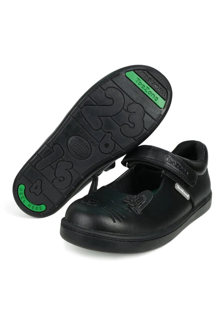 ToeZone Girls Black Amy Coated Leather Bunny School Shoe (Younger 8 - Older 2)