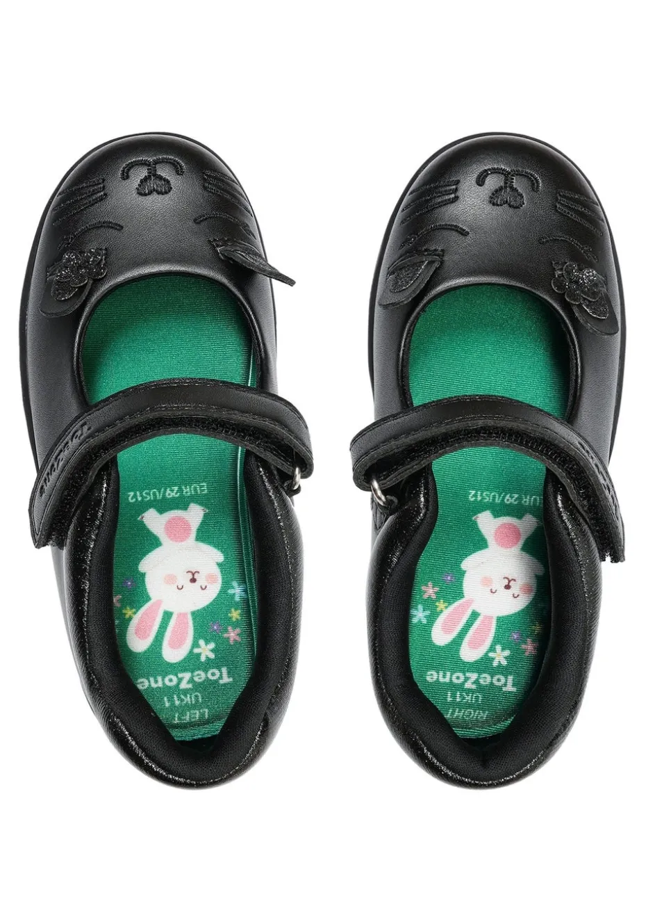 ToeZone Girls Black Amy Coated Leather Bunny School Shoe (Younger 8 - Older 2)