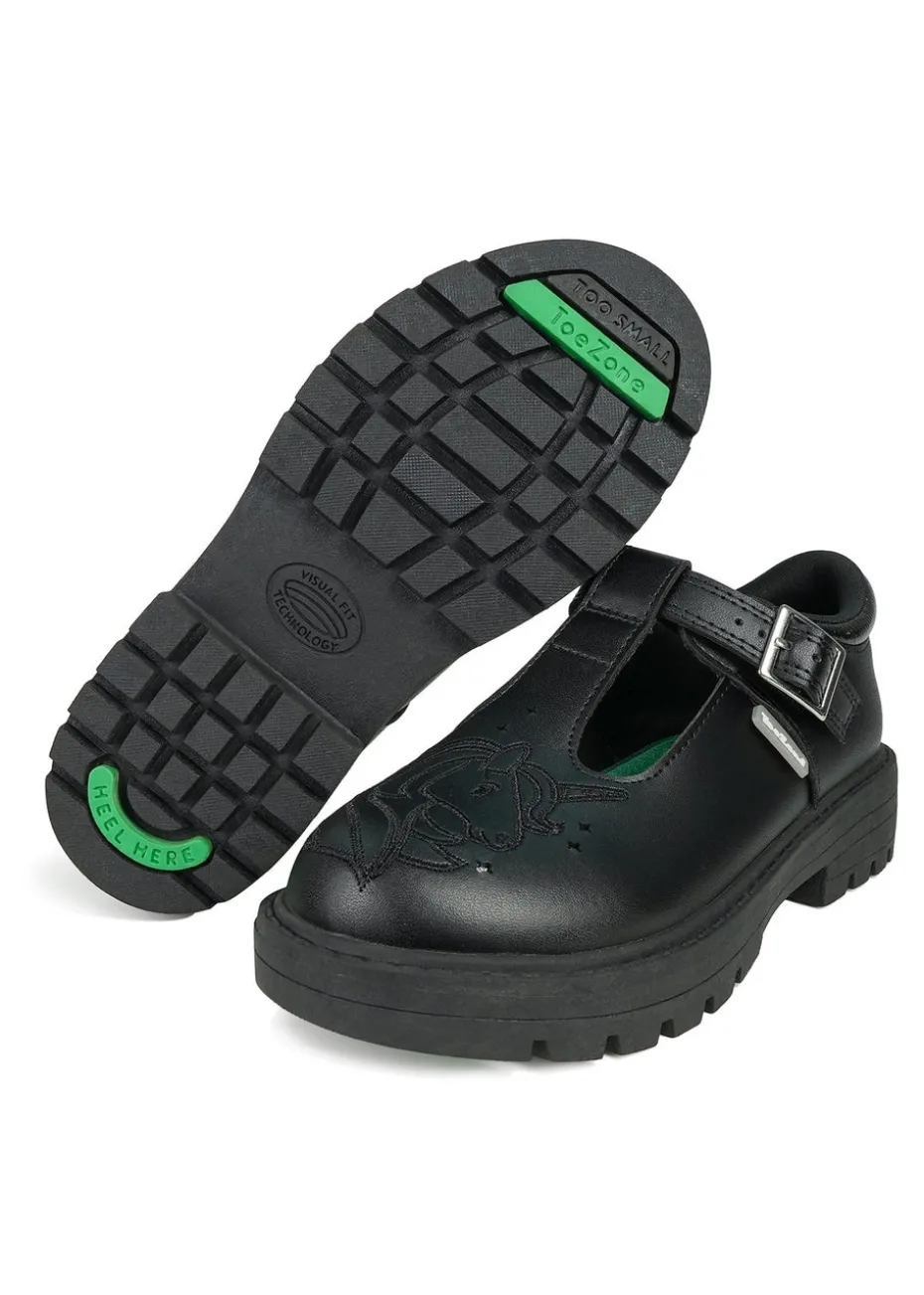 ToeZone Girls Black Anya Coated Leather T-Bar Unicorn School Shoe (Younger 8 - Older 2)