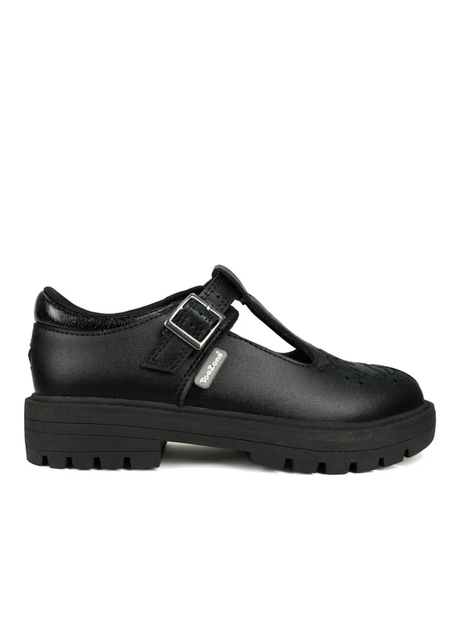 ToeZone Girls Black Anya Coated Leather T-Bar Unicorn School Shoe (Younger 8 - Older 2)