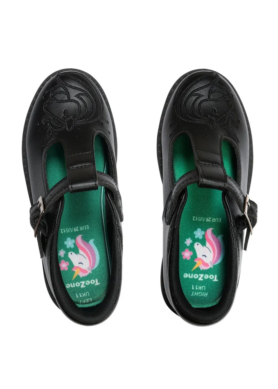 ToeZone Girls Black Anya Coated Leather T-Bar Unicorn School Shoe (Younger 8 - Older 2)