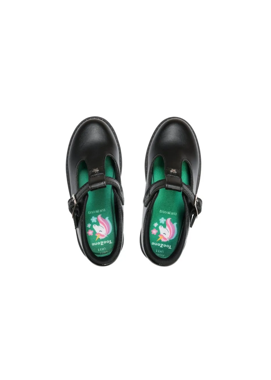 ToeZone Girls Black Mila Vegan Star Buckle School Shoe