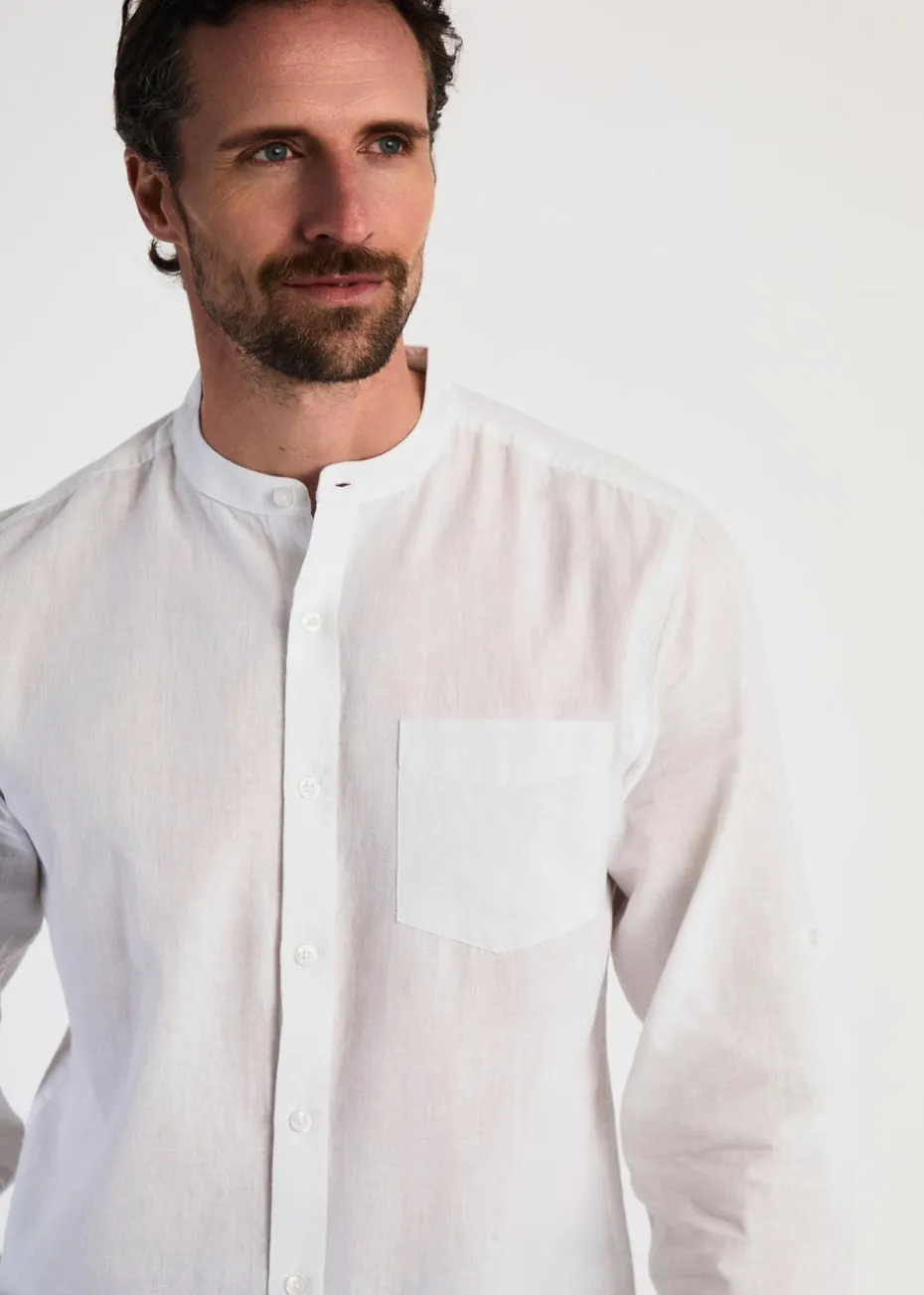 Tokyo Laundry White Linen Blend Button Up Shirt With Grandad Collar