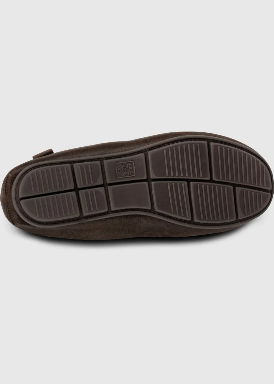 Totes Isotoner Brown Distressed Moccasin Slipper With Herringbone Sock
