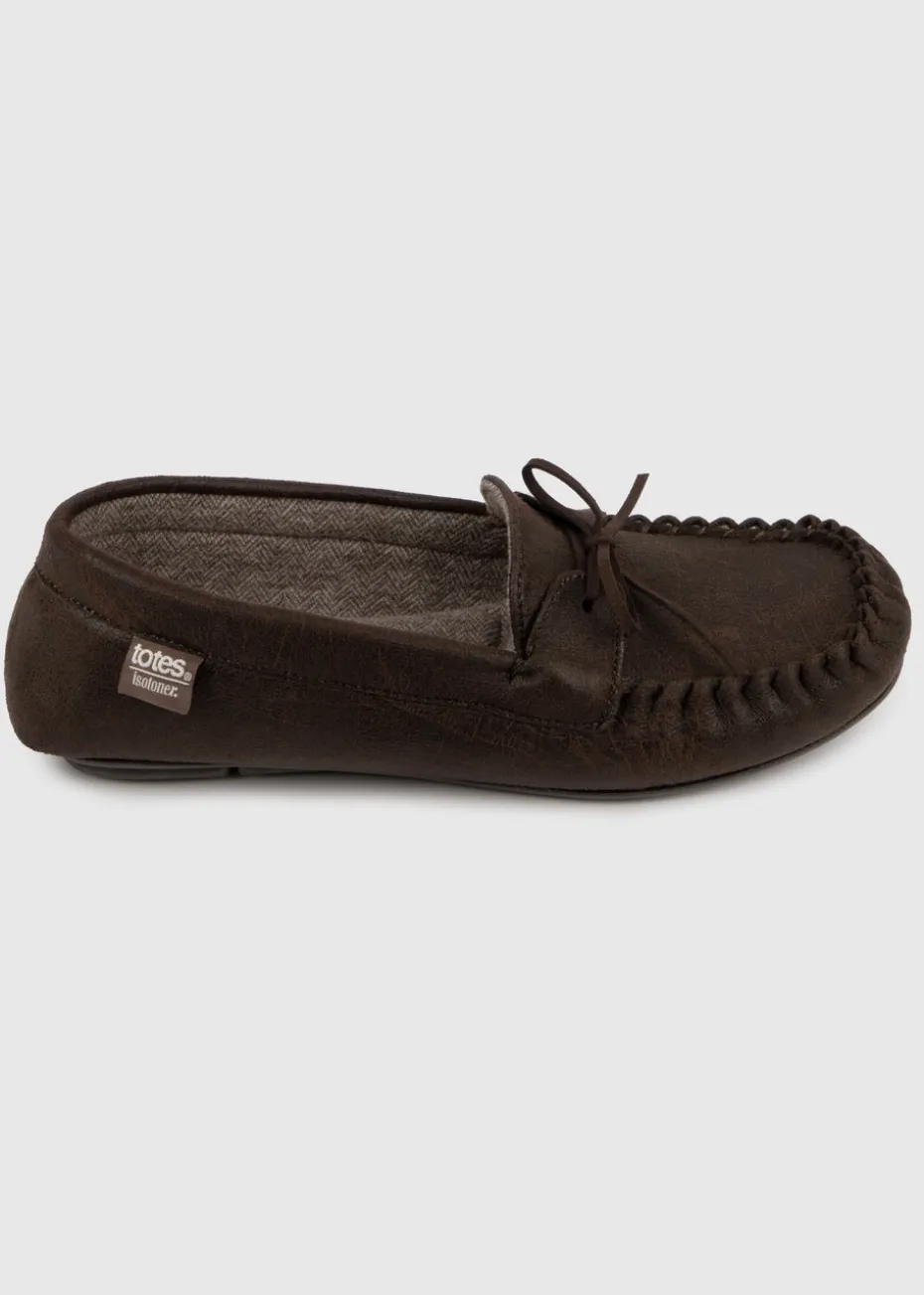 Totes Isotoner Brown Distressed Moccasin Slipper With Herringbone Sock