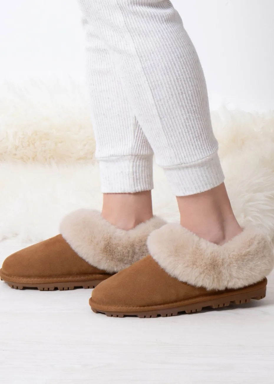 Totes Isotoner Tan Genuine Suede Bootie With Fur Cuff & Lining