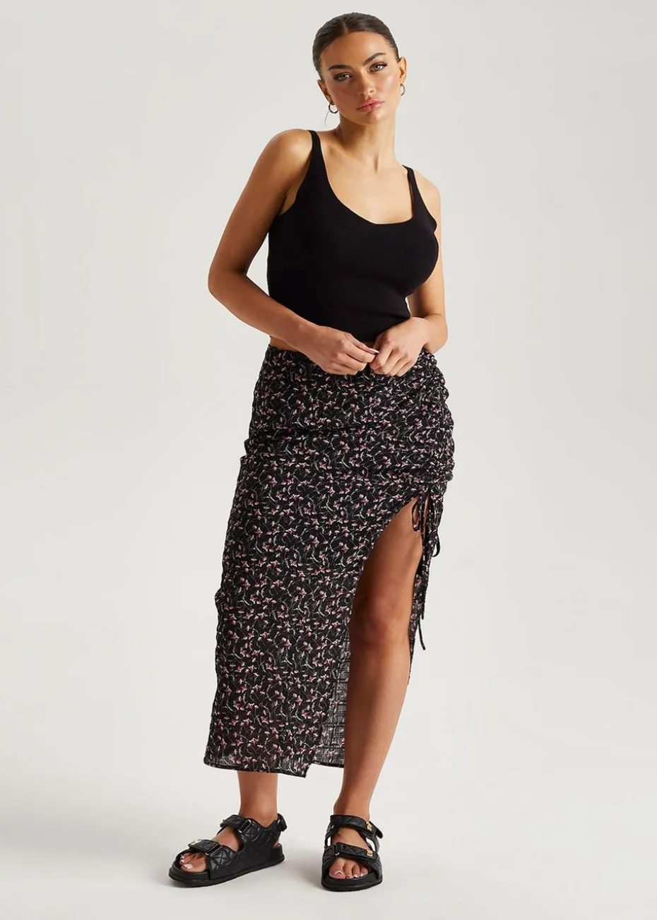 Urban Bliss Black Chiffon Floral Ruched Midi Skirt