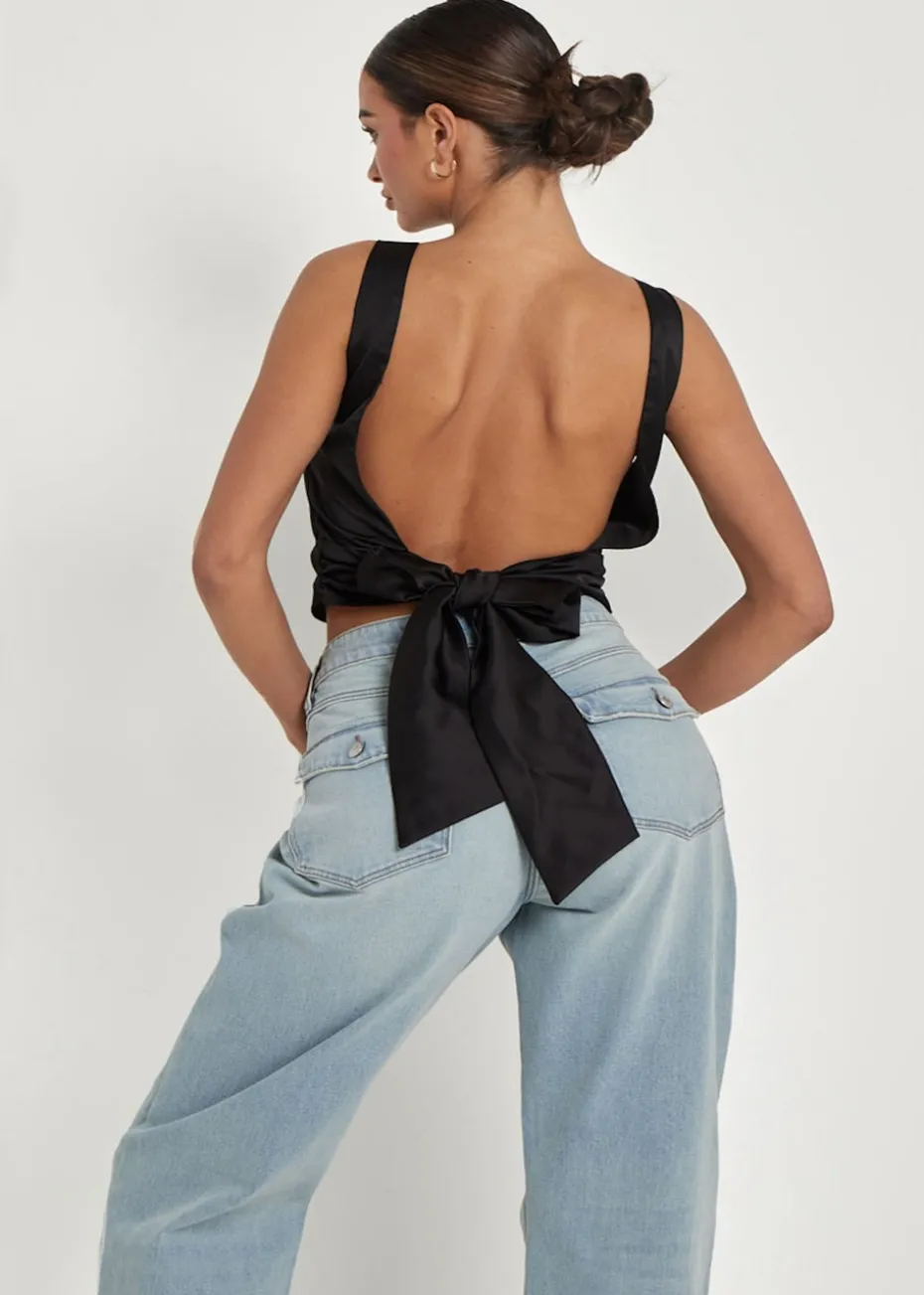 Urban Bliss Black Satin Tie Back Top