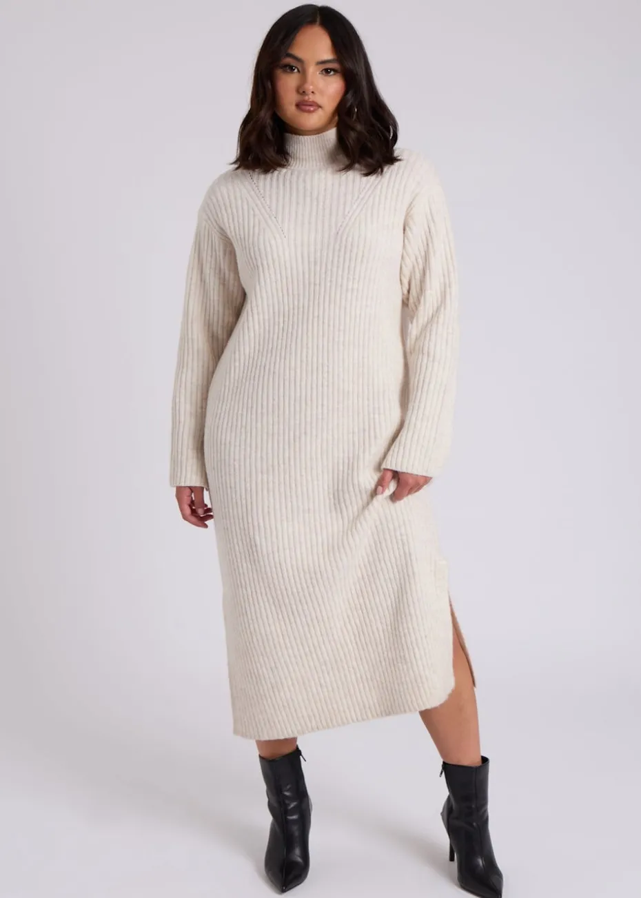 Urban Bliss Cream Stand Neck Ribbed Dress