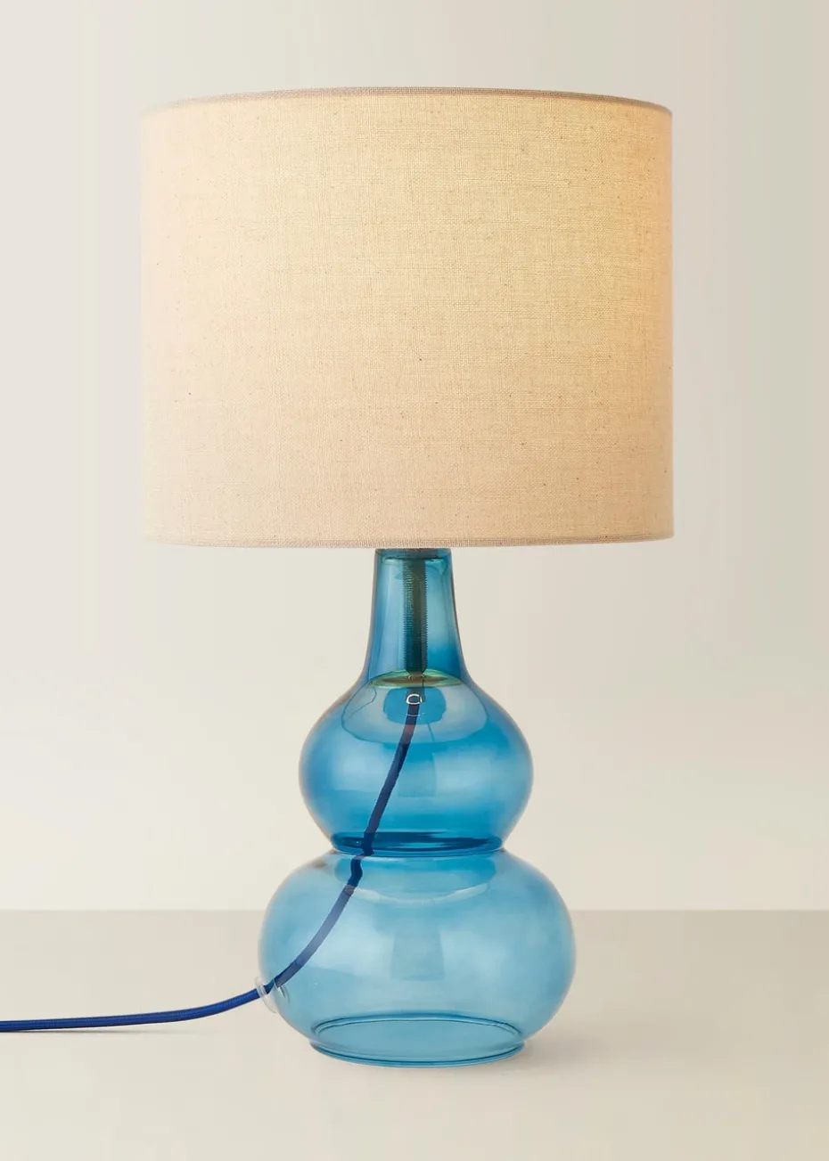 ValueLights Aida Natural Linen Tall Lamp Shade Blue Bubble Glass Table Lamp