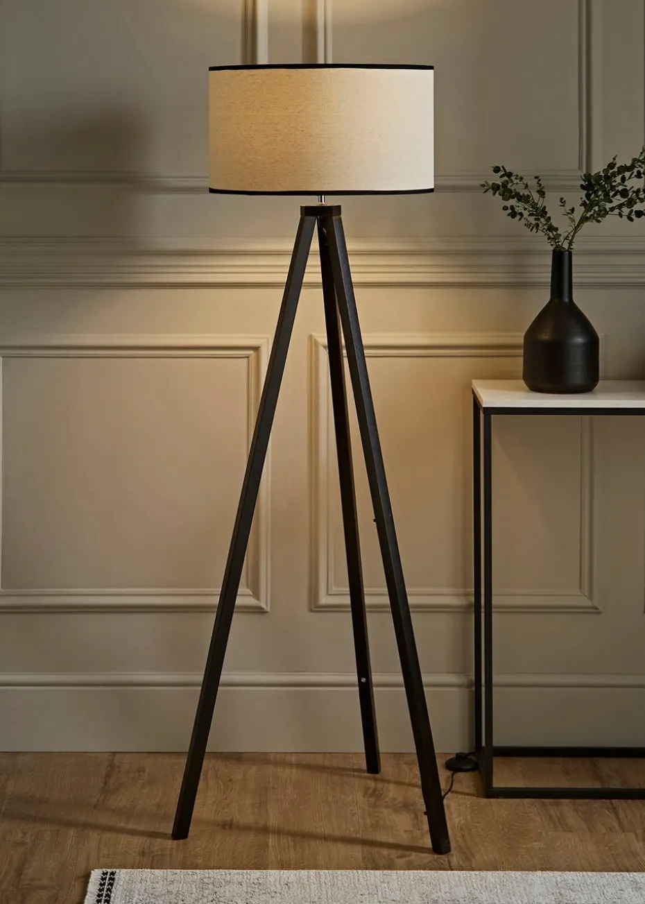 ValueLights Barbro Tripod Wood Black Floor Lamp with Large Drum Trim Shade