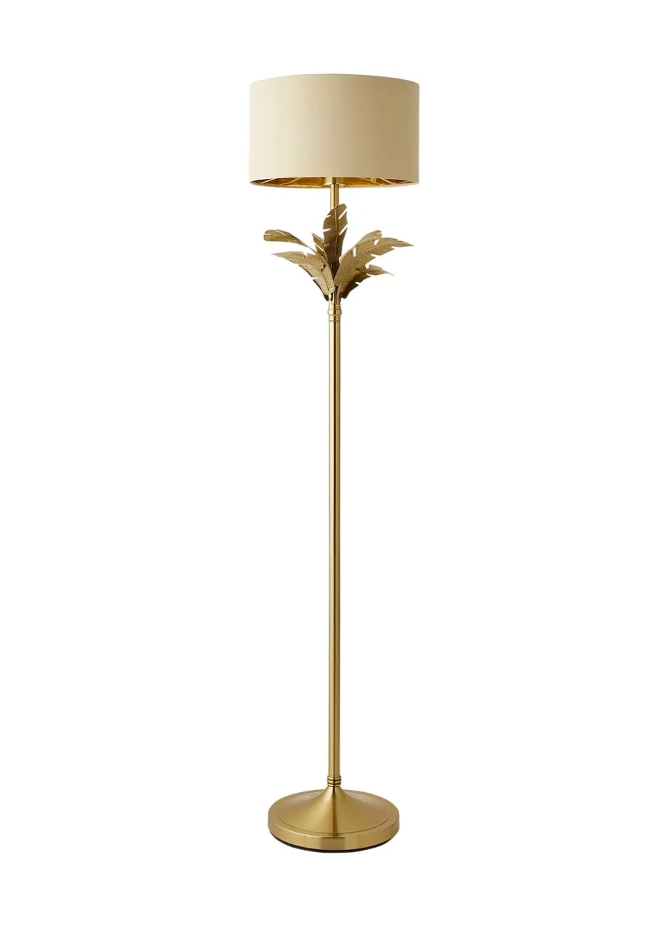 ValueLights Christina Beige with Metallic Gold Drum Shade Gold Palm Leaf Floor Lamp