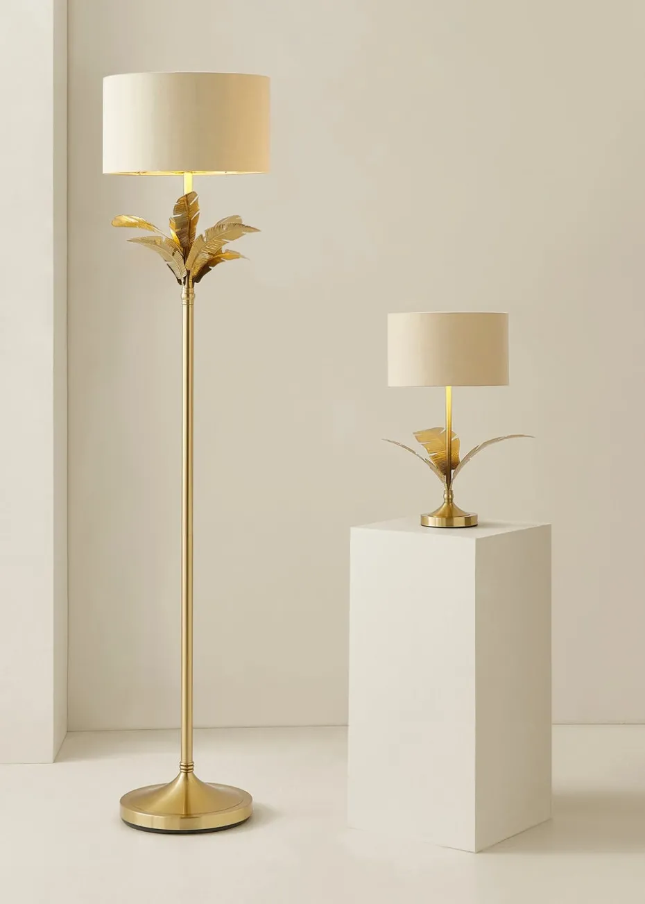 ValueLights Christina Beige with Metallic Gold Drum Shade Gold Palm Leaf Floor Lamp