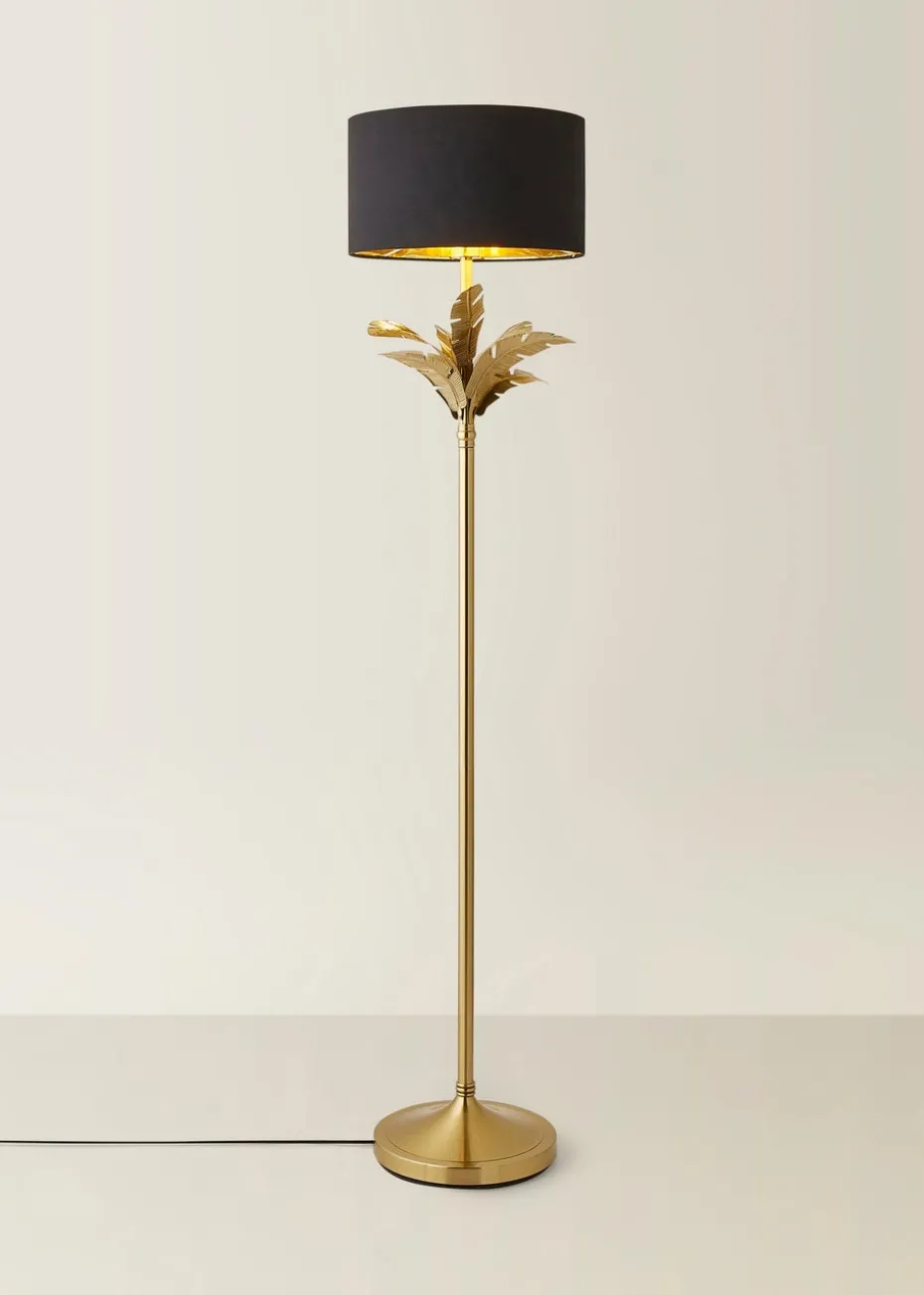 ValueLights Christina Black with Metallic Gold Drum Shade Gold Palm Leaf Floor Lamp