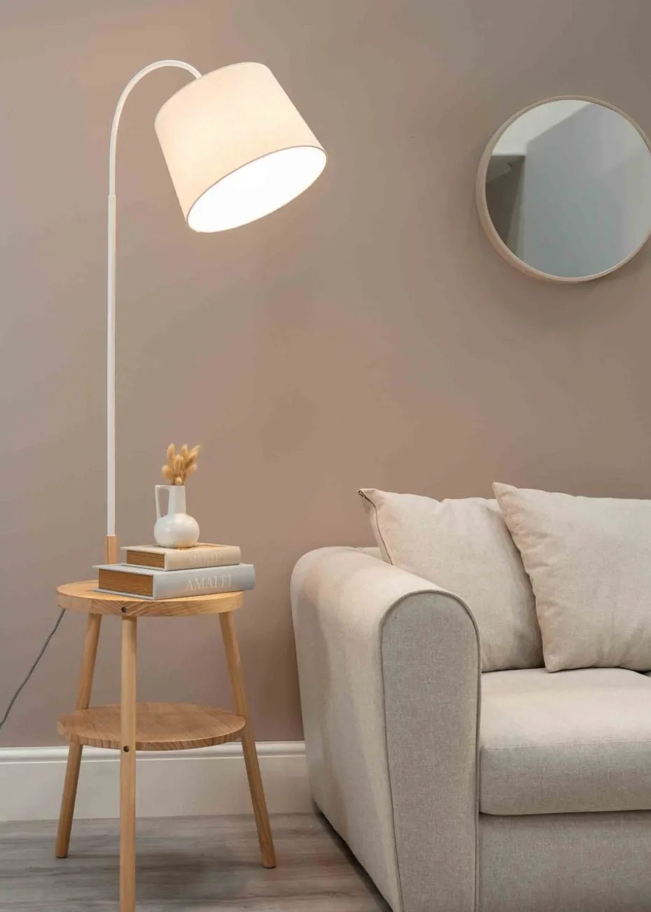ValueLights Crowther Oak Effect Natural Floor Lamp with Small Tapered Shade