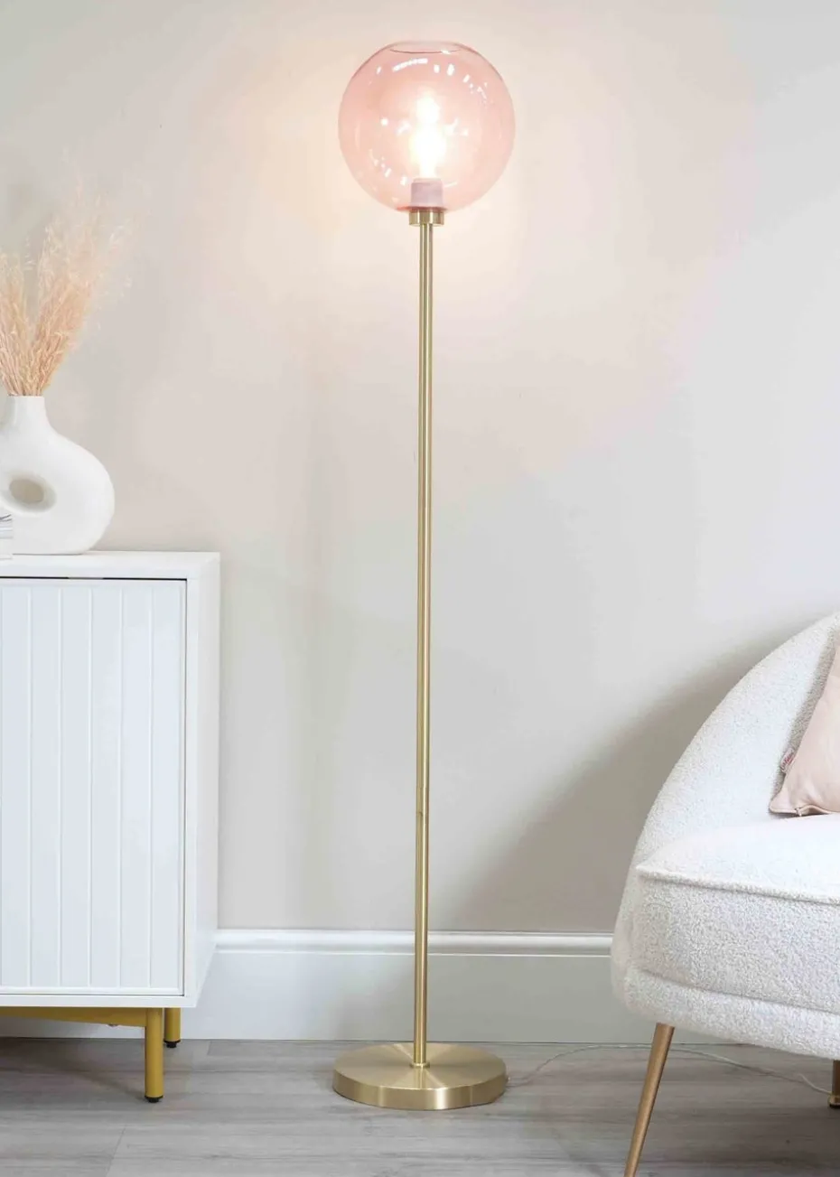 ValueLights Frenchie Gold Floor Lamp with Pink Globe Shade (150cm x 25cm x 25cm)