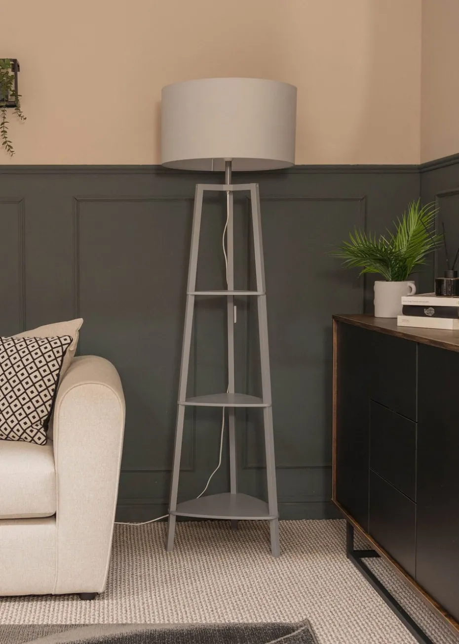 ValueLights Hiru Grey 3 Tier Shelf Floor Lamp Grey Shade (138cm x 44cm x 44cm)
