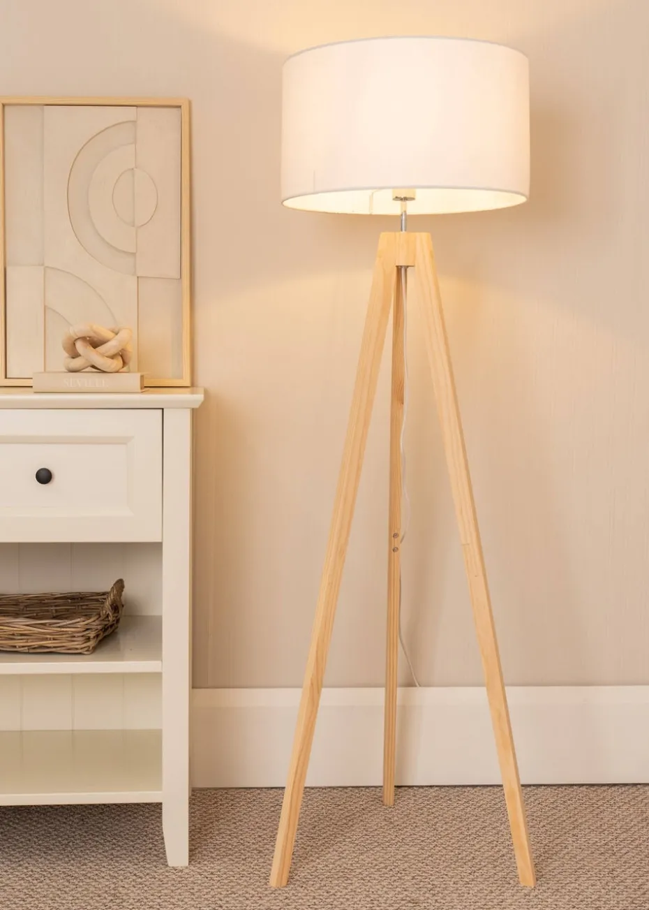 ValueLights Jackson Oak Effect Natural Floor Lamp with Large Drum Shade