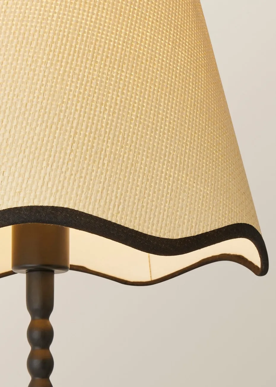 ValueLights Maeve Natural Scallop Black Trim Drum Shade Bobbin Bobble Table Lamp
