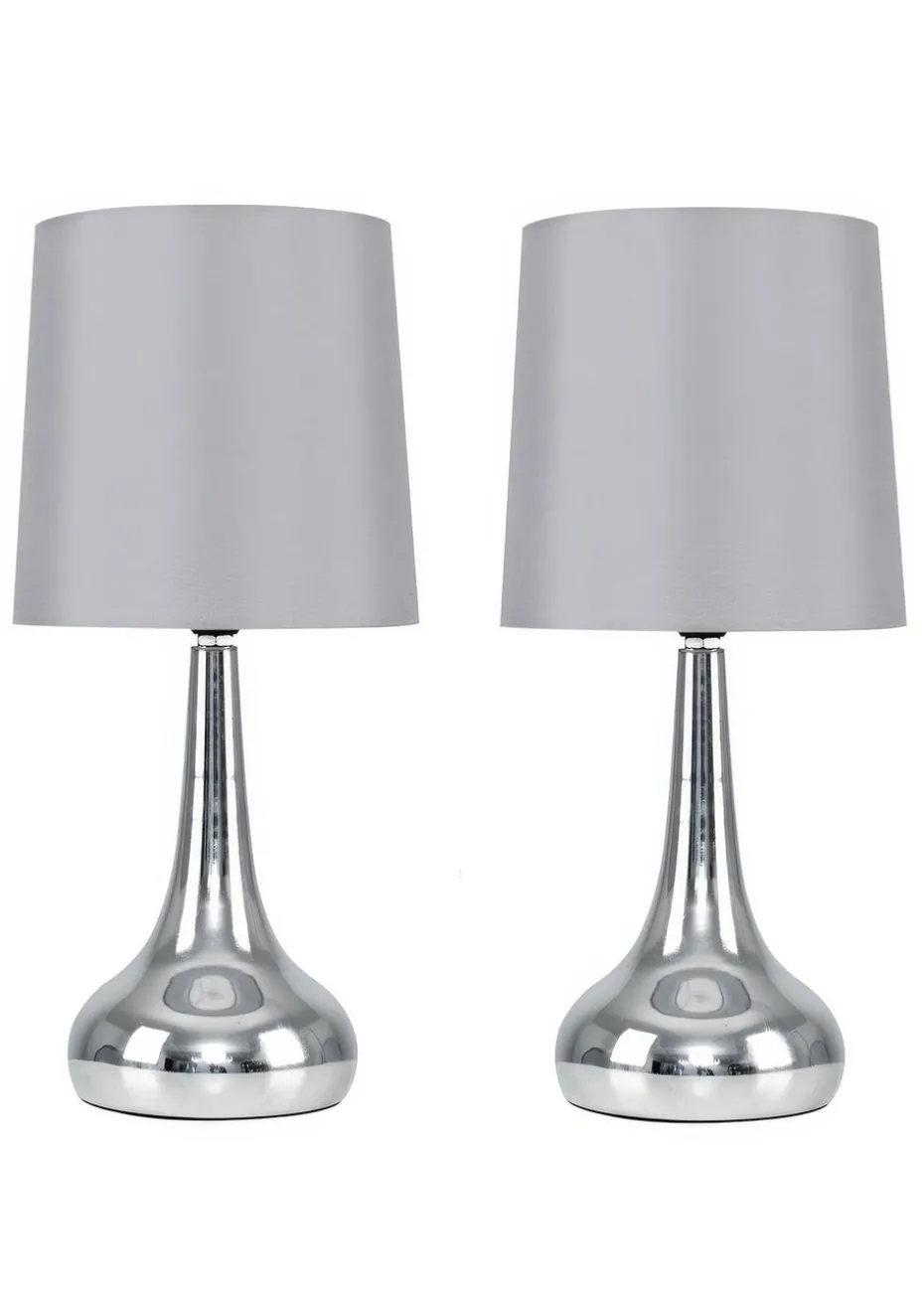 ValueLights Pair Of Chrome Teardrop Table Lamps Grey Shades (34cm x 16cm x 16cm)
