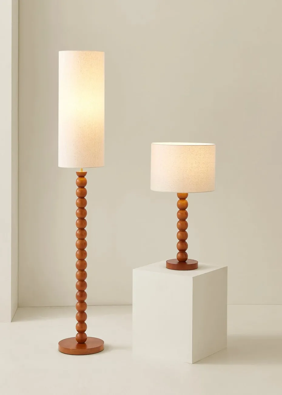 ValueLights Wyatt Linen Tall Lamp Shade Walnut Wood Bobbin Floor Lamp