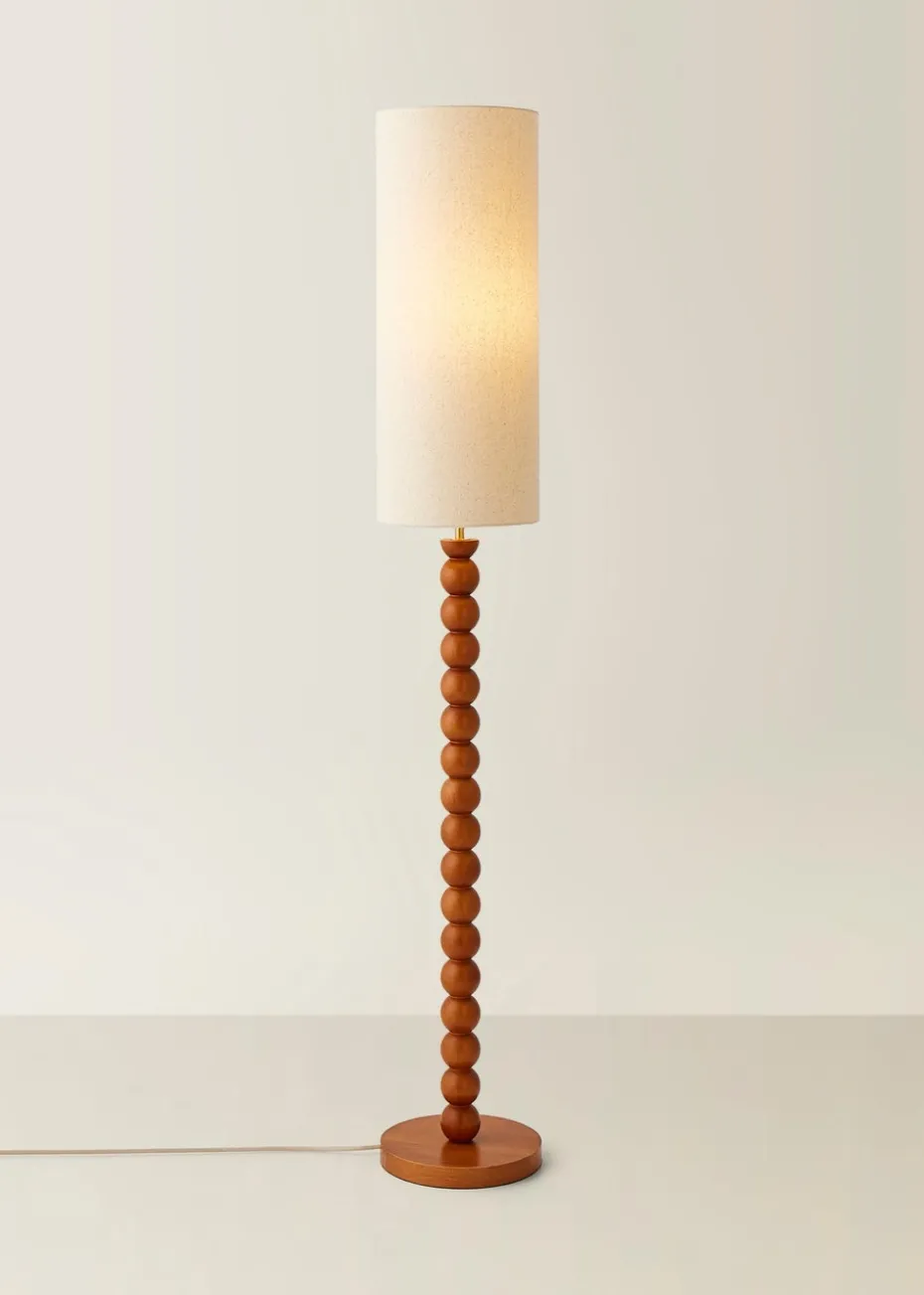 ValueLights Wyatt Linen Tall Lamp Shade Walnut Wood Bobbin Floor Lamp
