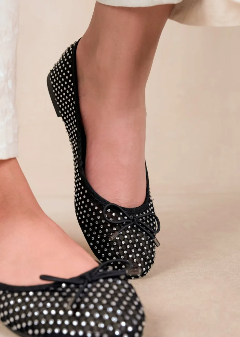 Where's That From Black Mesh Glisten Diamante Detail Pump