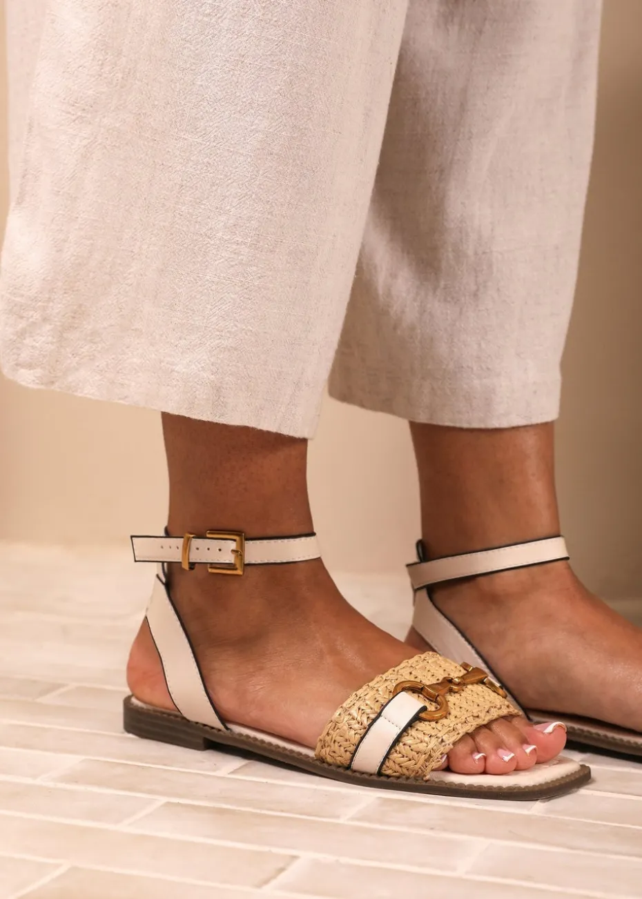 Where's That From Cream PU Catelyn Straw Detail Strap Sandals