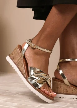 Where's That From Metallic Gold-PU Katara Wide-Fit Knot Detail Wedge Shoes