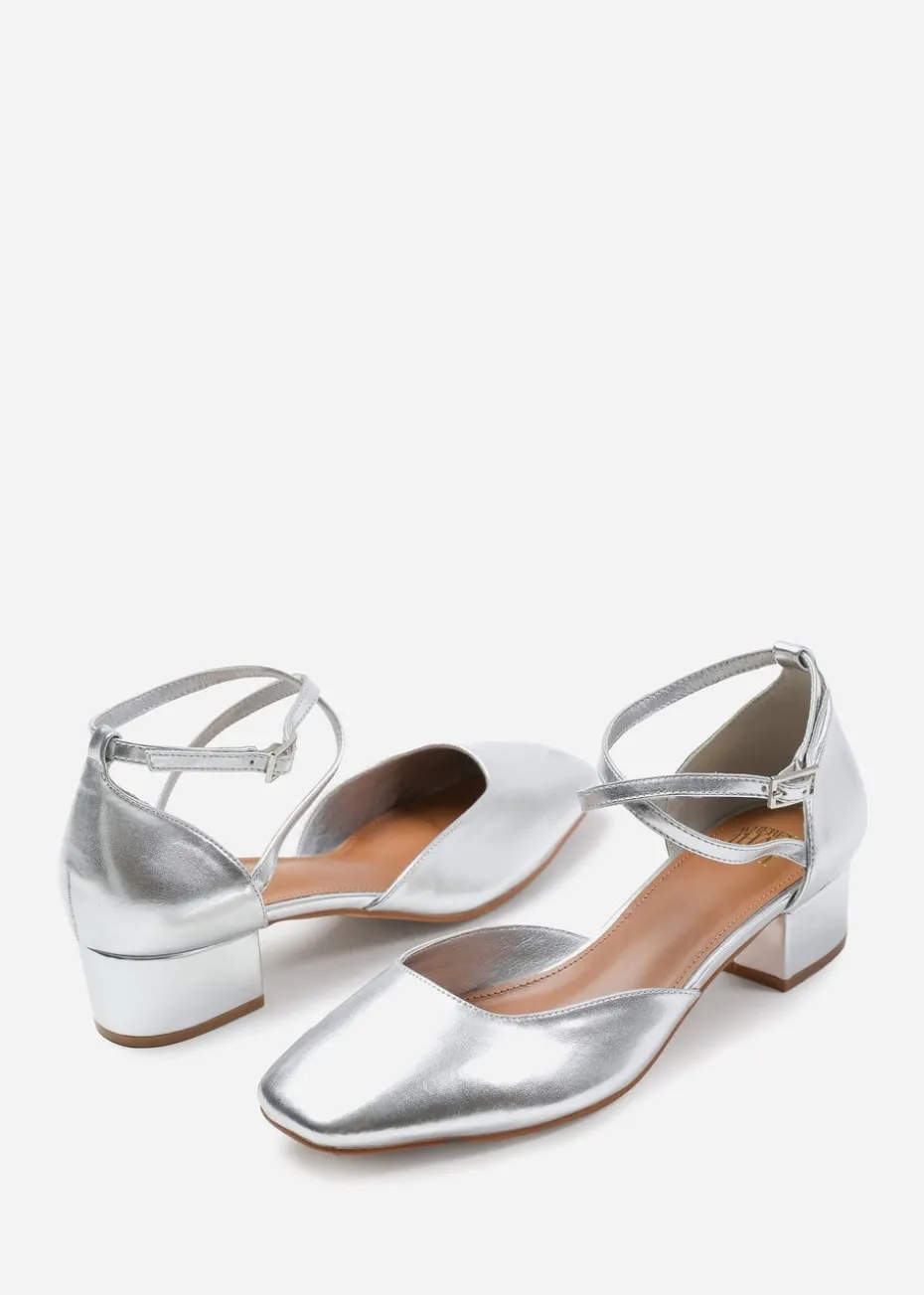 Where's That From Silver Peru Low Ankle Strap Block Heels