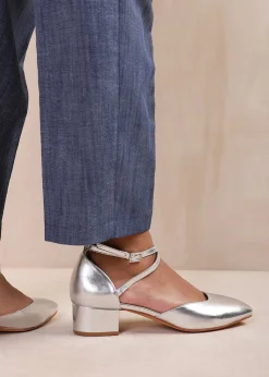 Where's That From Silver Peru Low Ankle Strap Block Heels