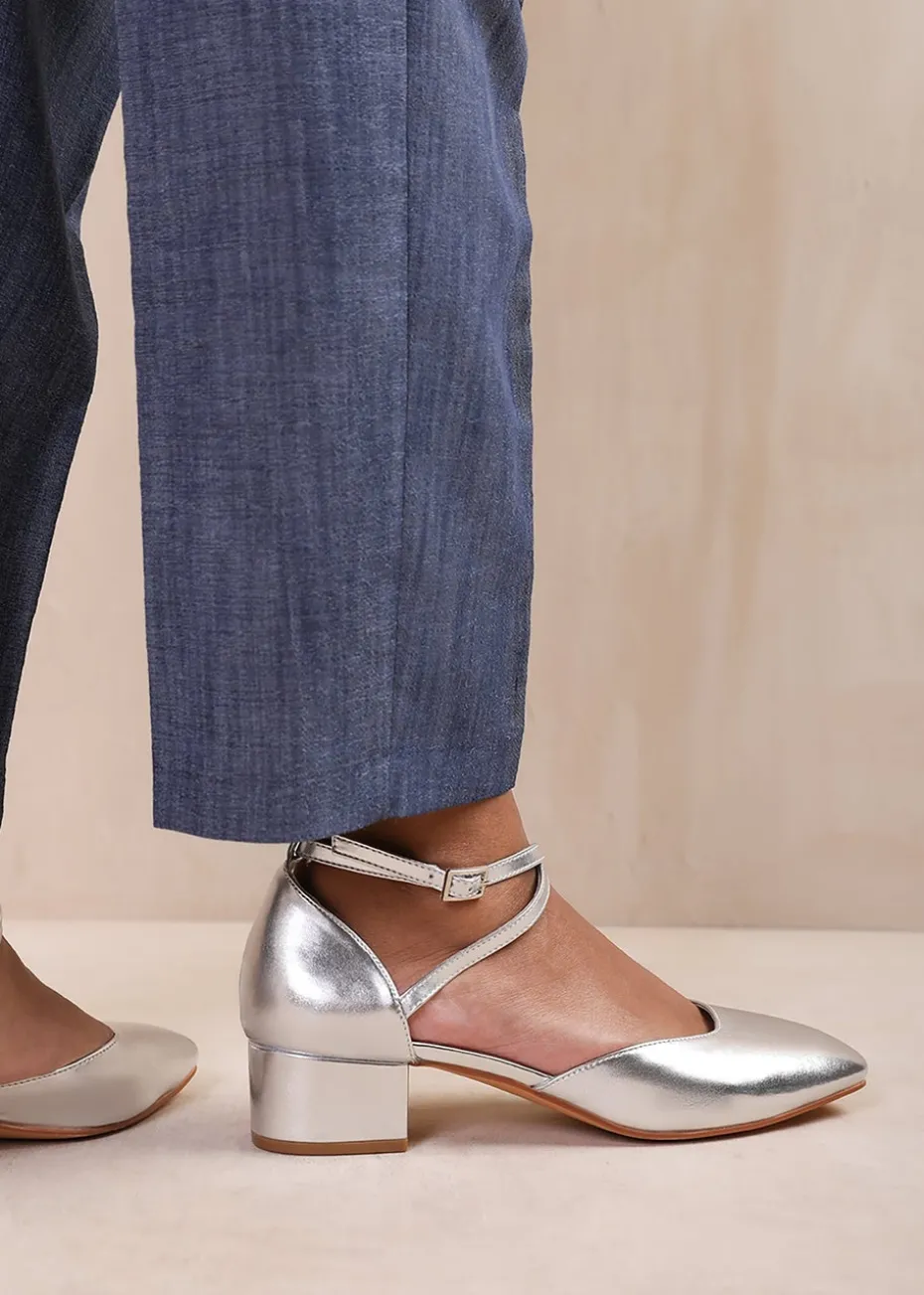 Where's That From Silver Peru Low Ankle Strap Block Heels