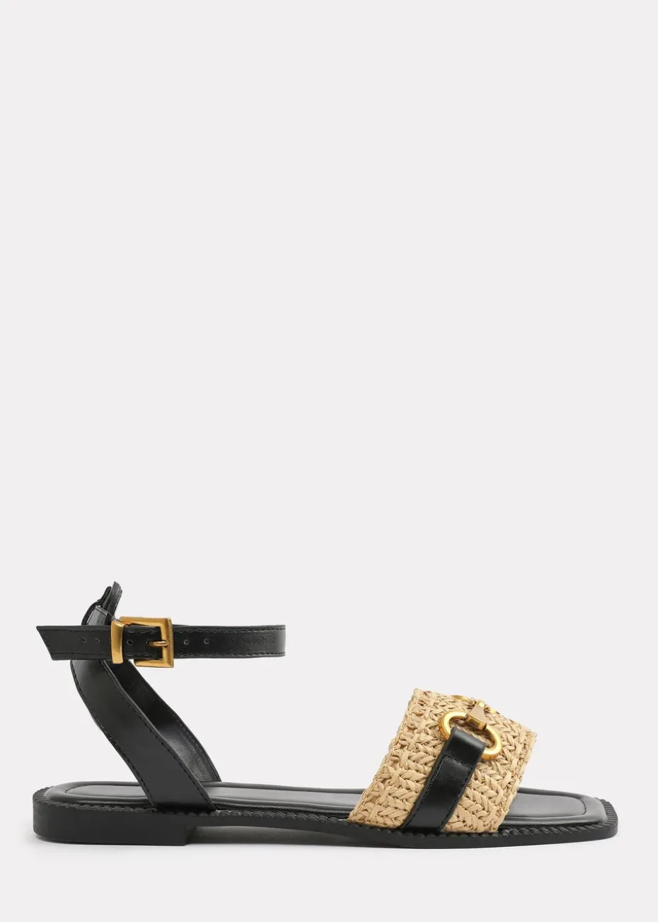 Where's That From Wide-Fit Black-PU Catelyn Straw Detail Strap Sandals