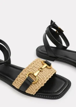 Where's That From Wide-Fit Black-PU Catelyn Straw Detail Strap Sandals