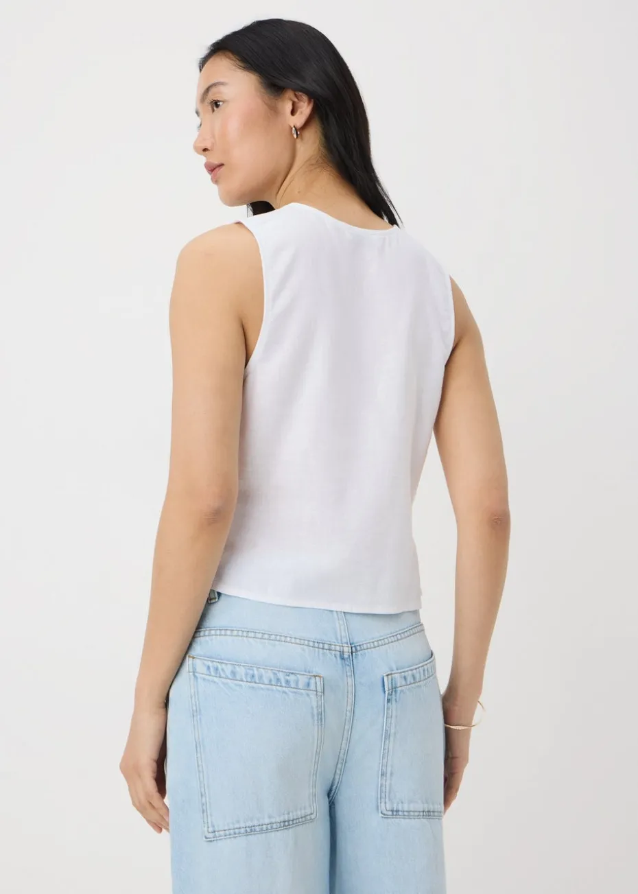 White Linen Blend Button Up Vest Top