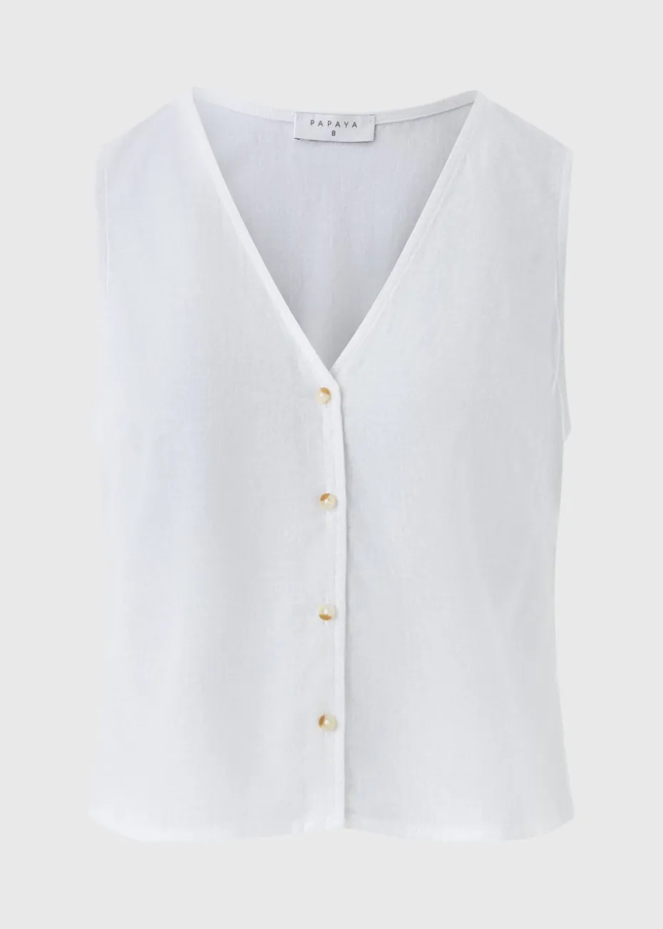 White Linen Blend Button Up Vest Top