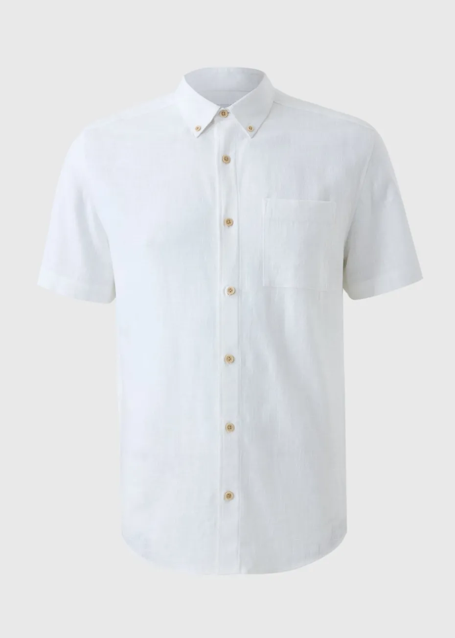 White Linen Blend Short Sleeve Shirt
