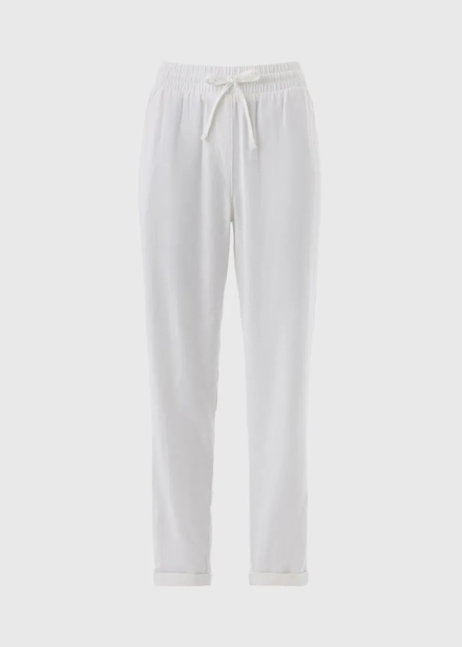 White Linen Blend Tapered Trousers