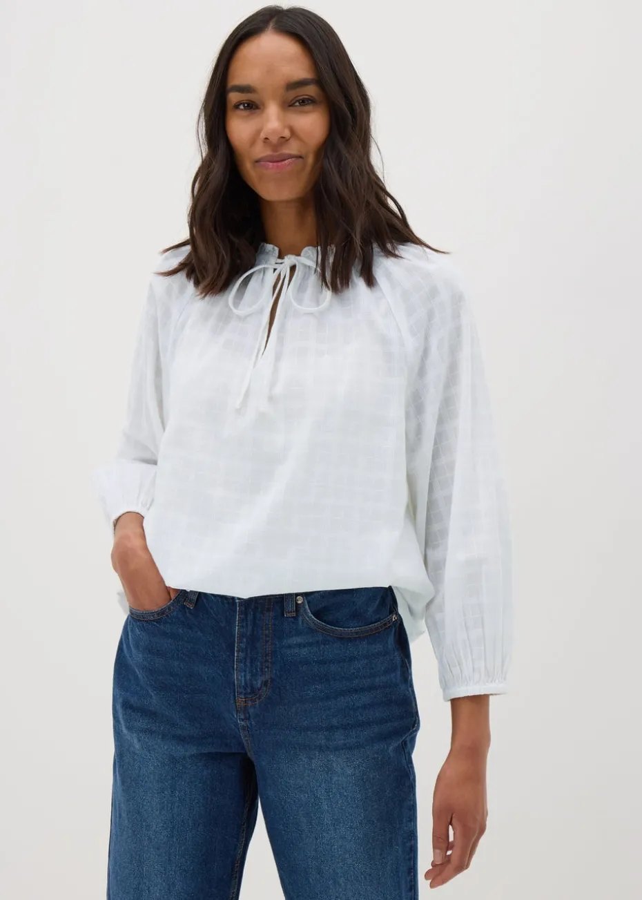 White Textured Tie Neck Blouse