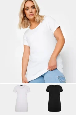 Yours Curve 2 Pack Black & White Longline T Shirts