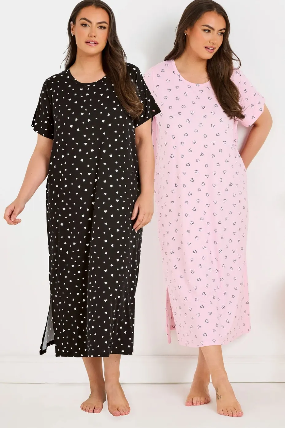 Yours Curve 2 Pack Pink & Black Heart Print Midaxi Nightdresses
