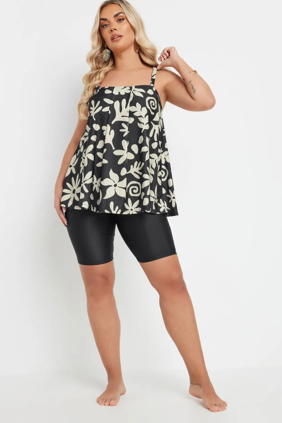 Yours Curve Black Abstract Floral Tankini Top