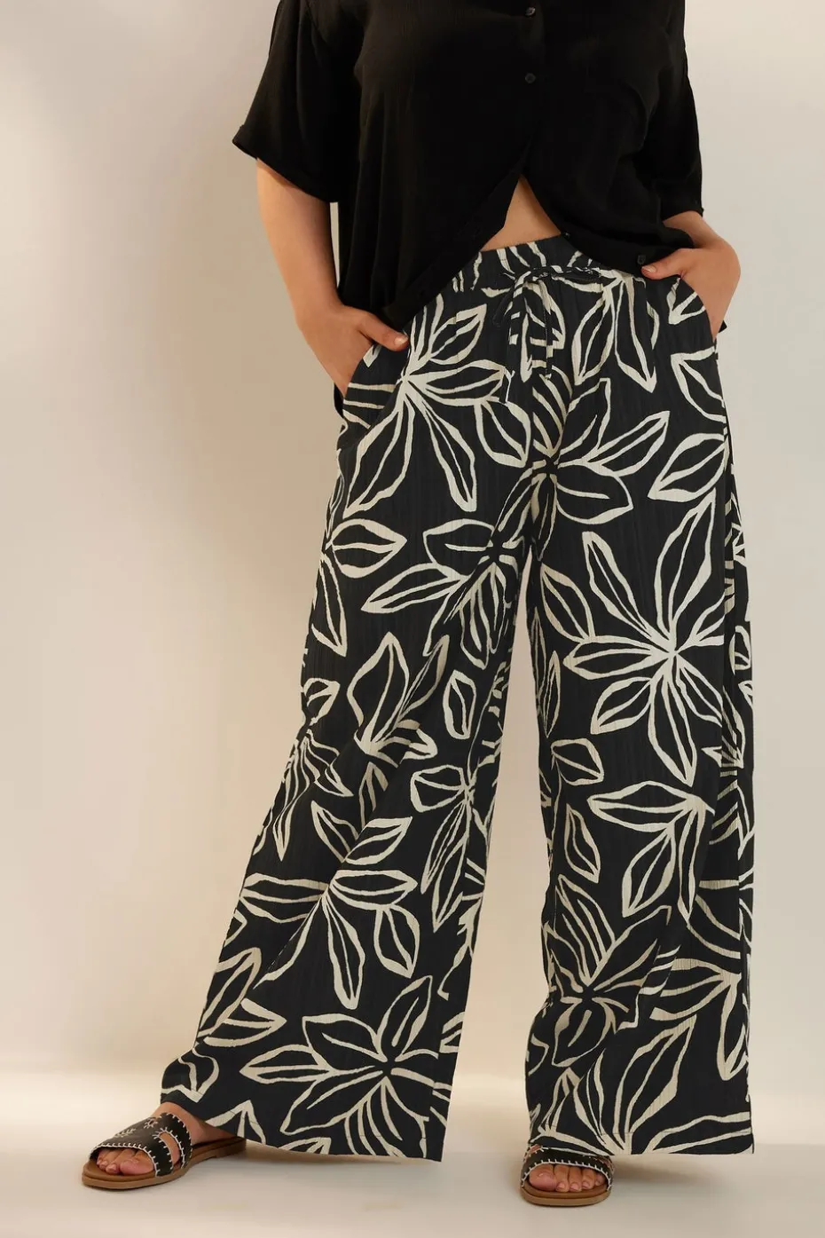 Yours Curve Black & White Floral Print Textured Wide Leg Trousers