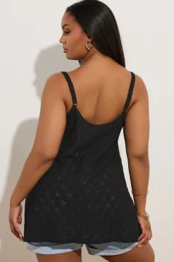Yours Curve Black Broderie Anglaise Button Vest Top