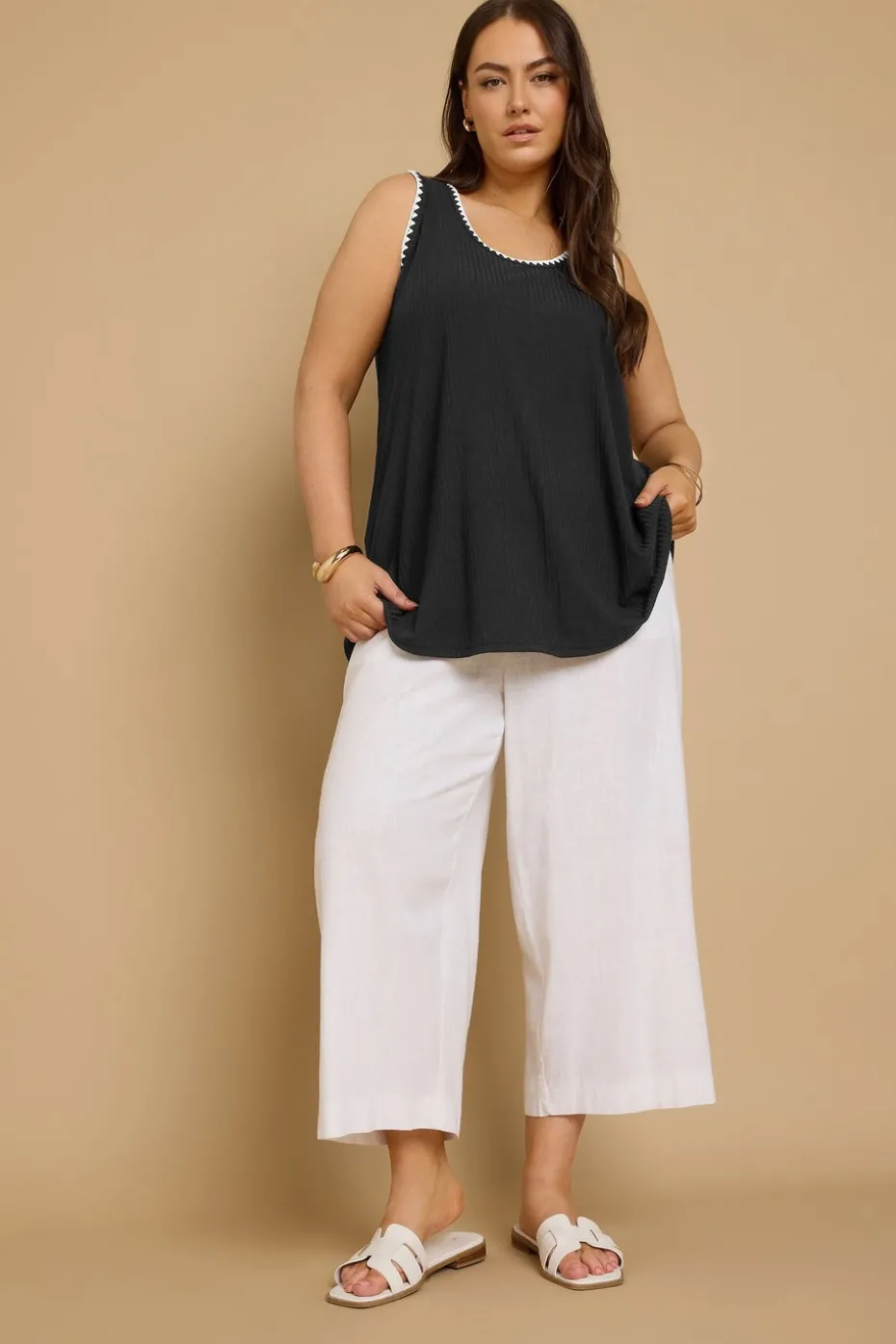 Yours Curve Black Contrast Blanket Stitch Ribbed Vest Top