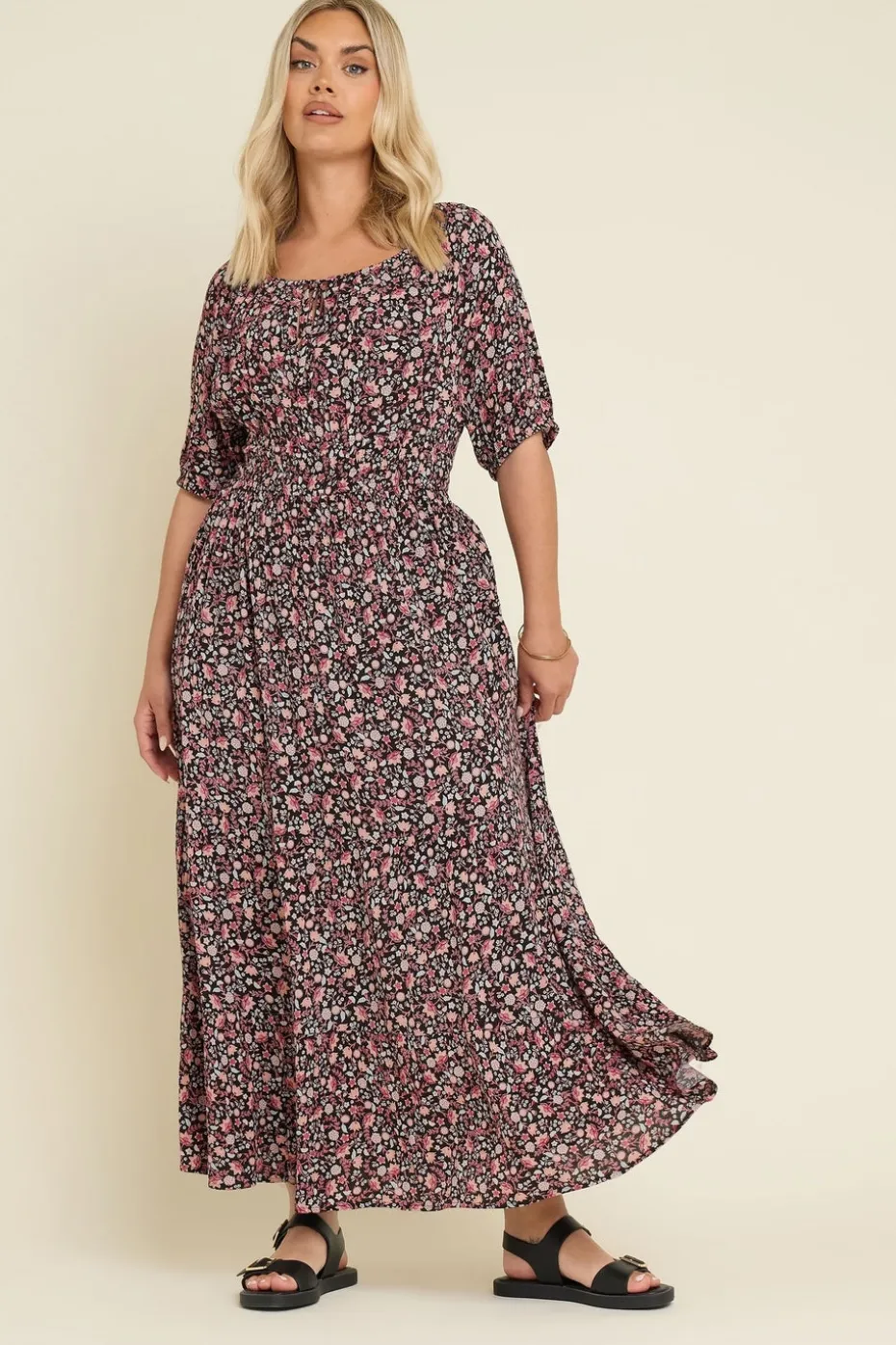 Yours Curve Black Ditsy Floral Print Tie Neck Midaxi Dress