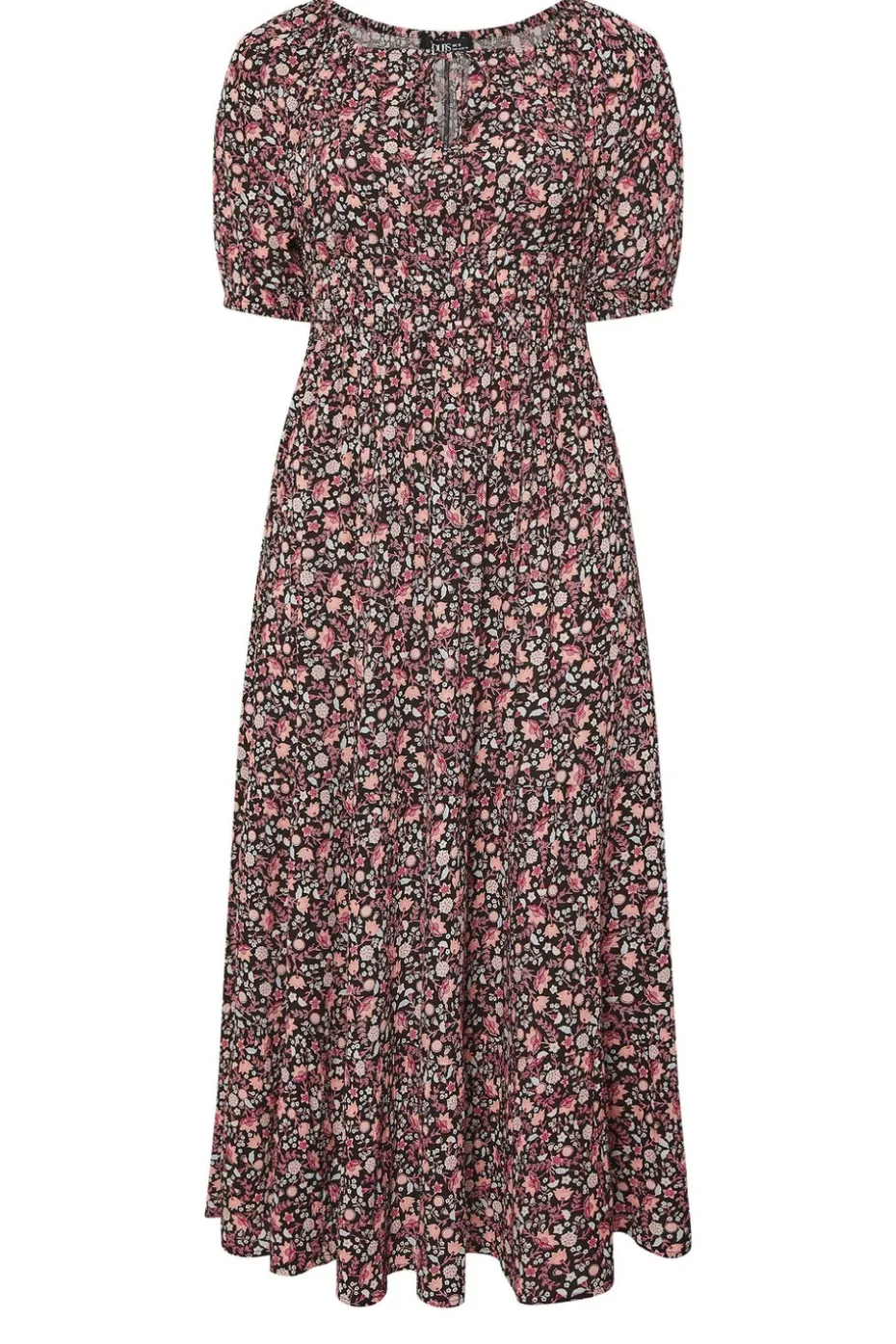Yours Curve Black Ditsy Floral Print Tie Neck Midaxi Dress